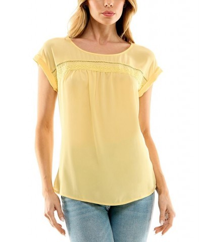 Juniors' Round-Neck Crochet-Inset Short-Sleeve Top Soft Yellow $22.05 Tops