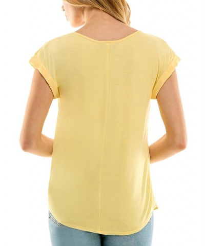 Juniors' Round-Neck Crochet-Inset Short-Sleeve Top Soft Yellow $22.05 Tops