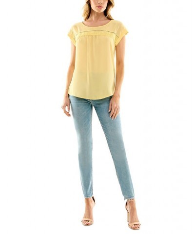 Juniors' Round-Neck Crochet-Inset Short-Sleeve Top Soft Yellow $22.05 Tops