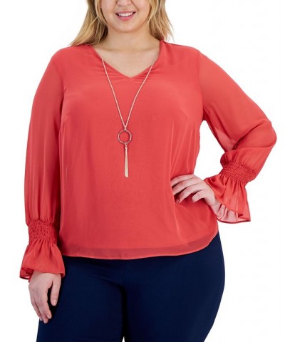 Plus Size Smocked-Sleeve Necklace Top Chrysanthemum $16.47 Tops