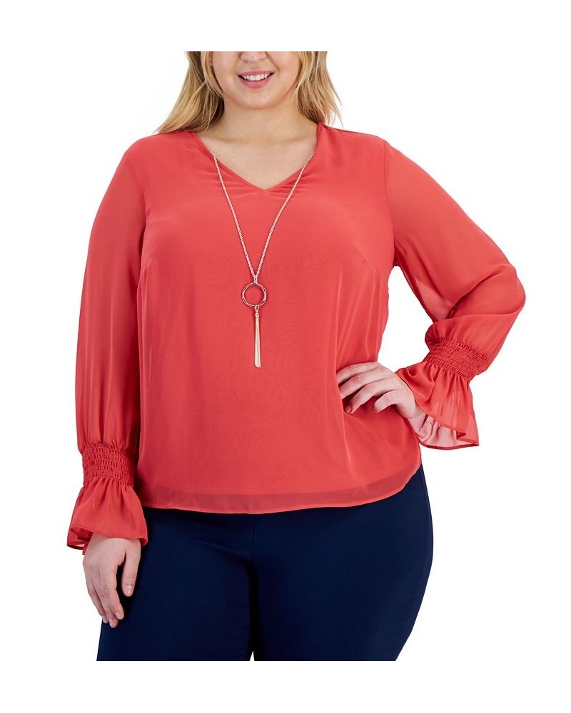 Plus Size Smocked-Sleeve Necklace Top Chrysanthemum $16.47 Tops