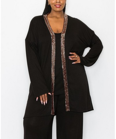 Plus Size Sequin Contrast Cardigan Sweater Rose Gold Black $27.50 Sweaters