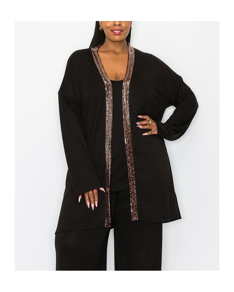 Plus Size Sequin Contrast Cardigan Sweater Rose Gold Black $27.50 Sweaters