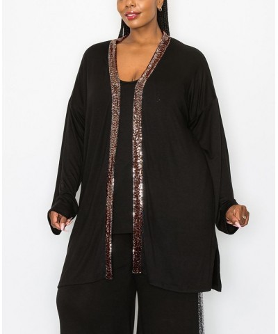 Plus Size Sequin Contrast Cardigan Sweater Rose Gold Black $27.50 Sweaters