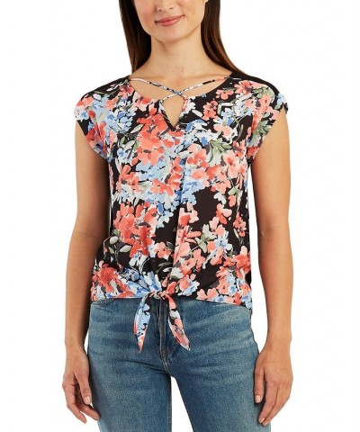 Juniors' Floral Knit Contrast Panel T-Shirt Pat G $15.93 Tops