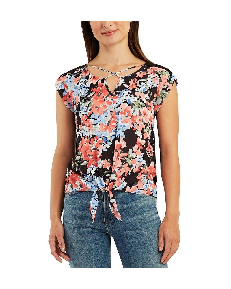 Juniors' Floral Knit Contrast Panel T-Shirt Pat G $15.93 Tops