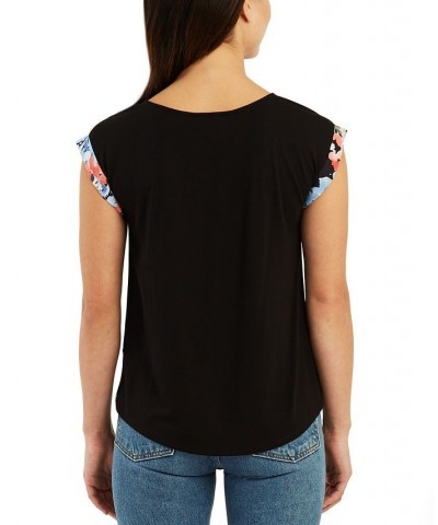 Juniors' Floral Knit Contrast Panel T-Shirt Pat G $15.93 Tops