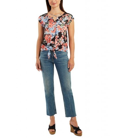 Juniors' Floral Knit Contrast Panel T-Shirt Pat G $15.93 Tops