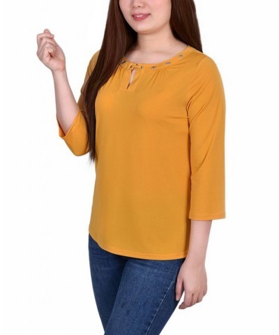 Petite Size 3/4 Sleeve Grommet Top Yellow $14.88 Tops