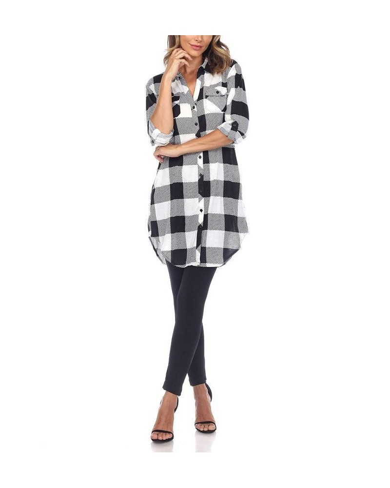 Women's Plaid Tunic Shirt Black and White $20.52 Tops