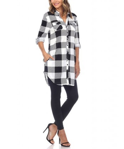 Women's Plaid Tunic Shirt Black and White $20.52 Tops