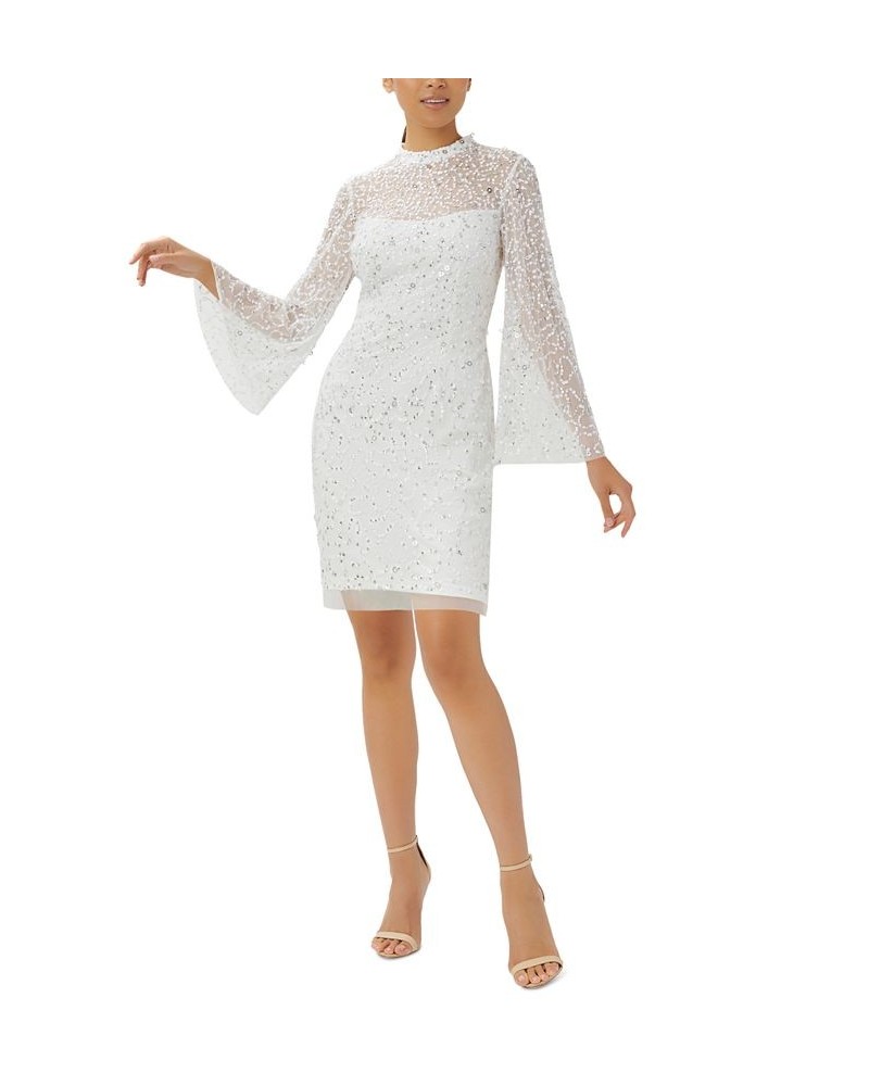 Women's Embellished Sheer-Sleeve Shift Dress Ivory Silver $79.42 Dresses