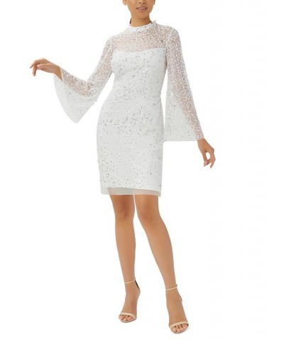 Women's Embellished Sheer-Sleeve Shift Dress Ivory Silver $79.42 Dresses