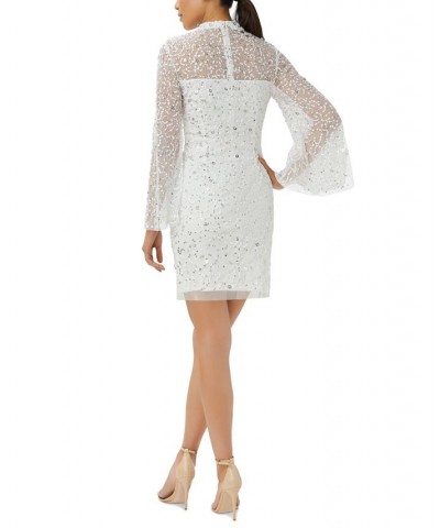 Women's Embellished Sheer-Sleeve Shift Dress Ivory Silver $79.42 Dresses