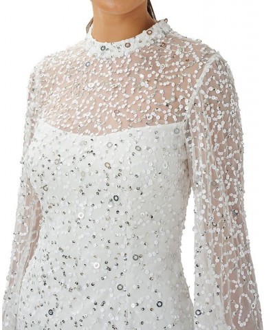 Women's Embellished Sheer-Sleeve Shift Dress Ivory Silver $79.42 Dresses