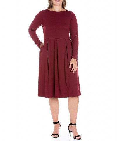 Women's Plus Size Fit and Flare Midi Dress Wine $19.13 Dresses