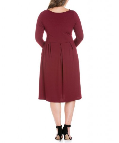 Women's Plus Size Fit and Flare Midi Dress Wine $19.13 Dresses