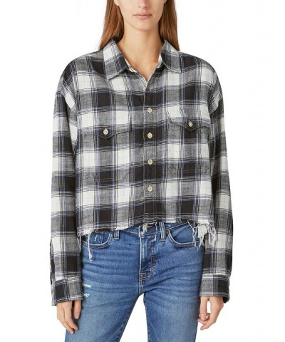 Women's Cotton Raw Edge Plaid Cropped Button Down Top Black Plaid $21.39 Tops