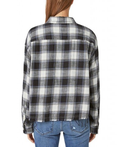 Women's Cotton Raw Edge Plaid Cropped Button Down Top Black Plaid $21.39 Tops