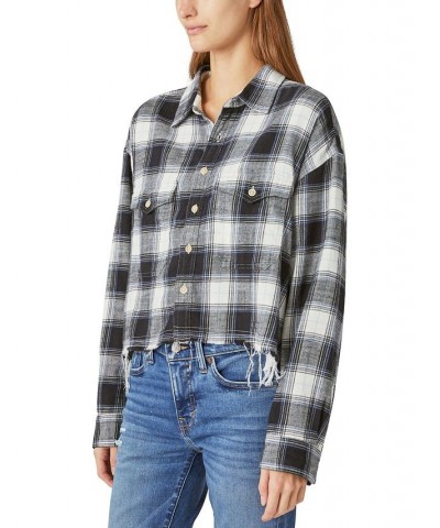 Women's Cotton Raw Edge Plaid Cropped Button Down Top Black Plaid $21.39 Tops