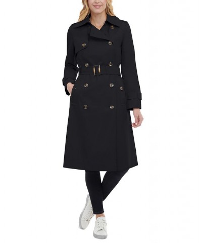 Women's Hooded Double-Breasted Trench Coat Black $53.04 Coats