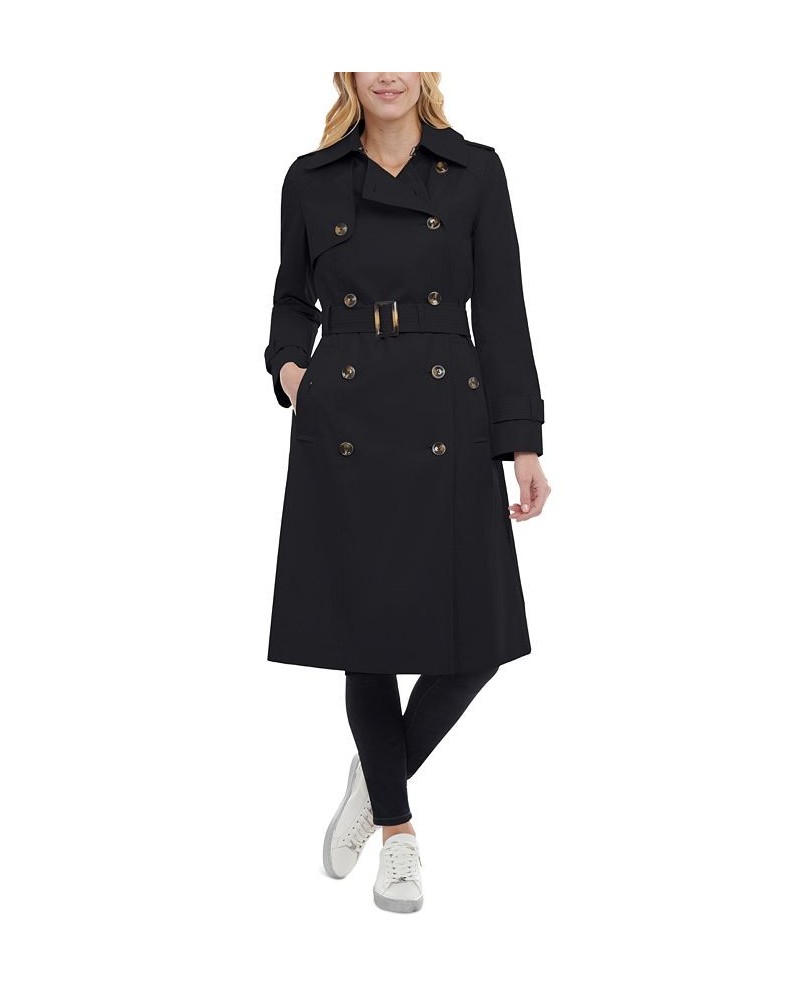 Women's Hooded Double-Breasted Trench Coat Black $53.04 Coats