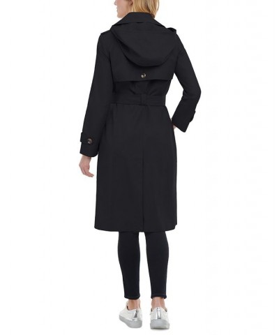 Women's Hooded Double-Breasted Trench Coat Black $53.04 Coats