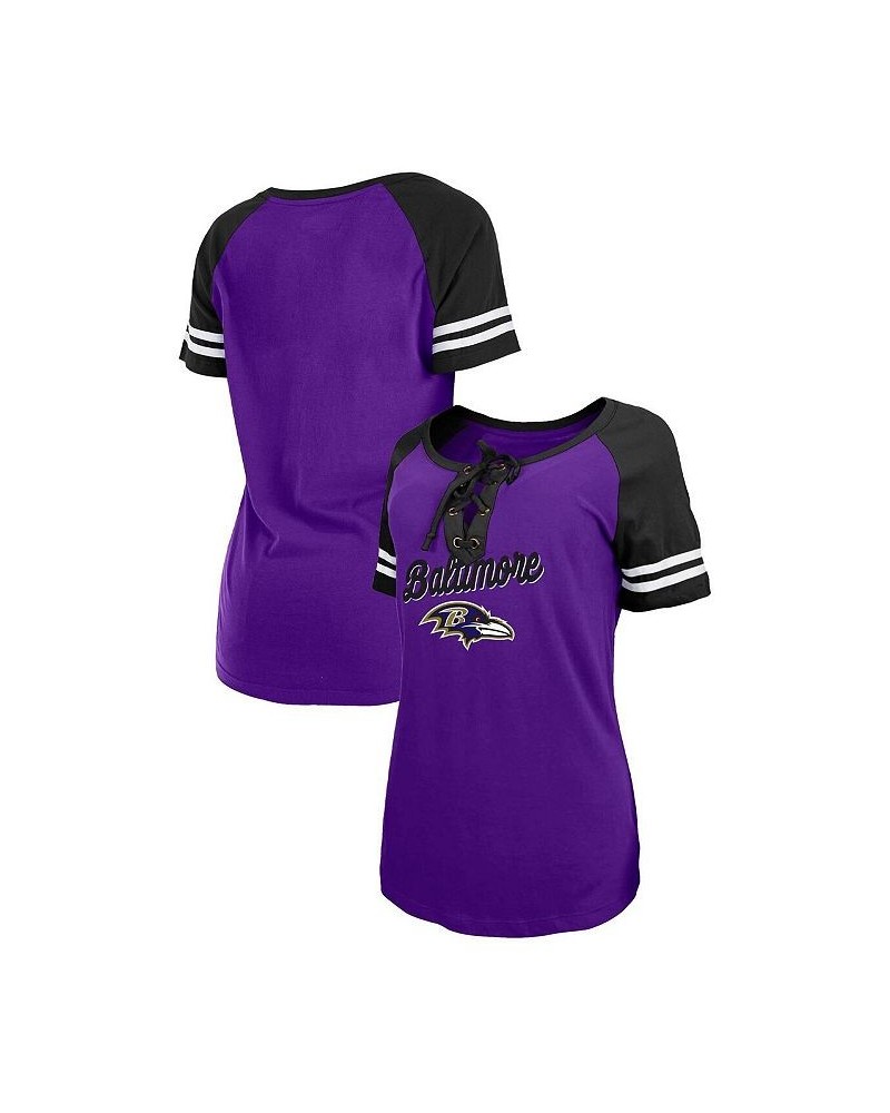 Women's Purple Black Baltimore Ravens Logo Lace-Up Raglan T-shirt Purple $28.31 Tops