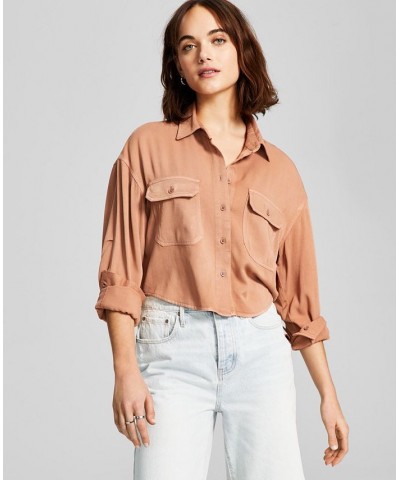 Women's Utility-Pocket Button Down Shirt Tan/Beige $17.73 Tops