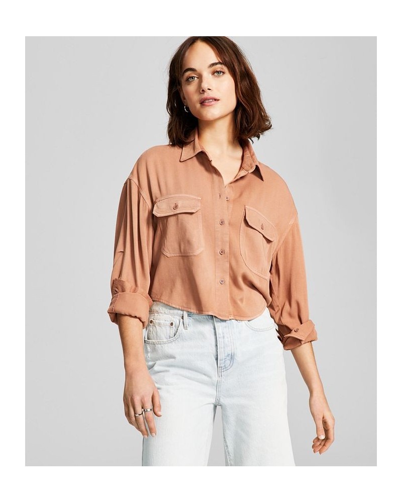 Women's Utility-Pocket Button Down Shirt Tan/Beige $17.73 Tops