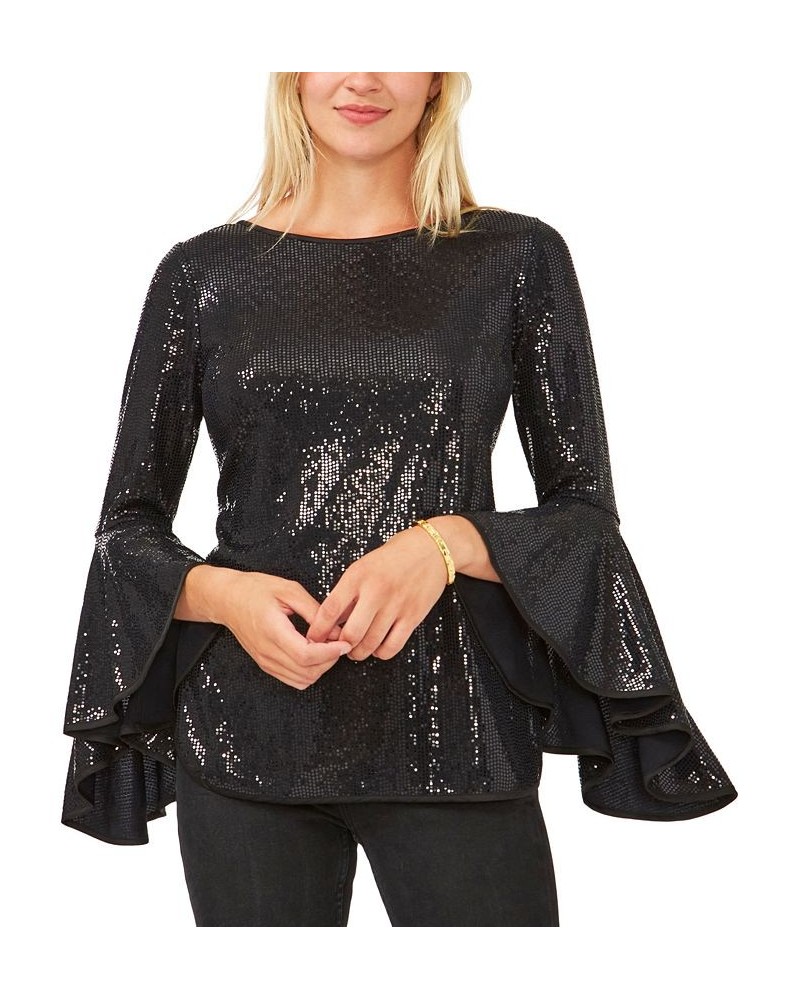 Metallic Knit Flutter Sleeve Top Black $12.20 Tops