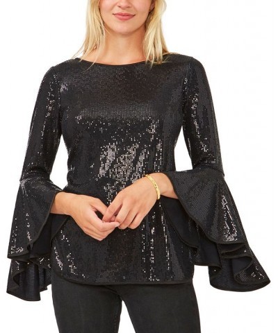 Metallic Knit Flutter Sleeve Top Black $12.20 Tops