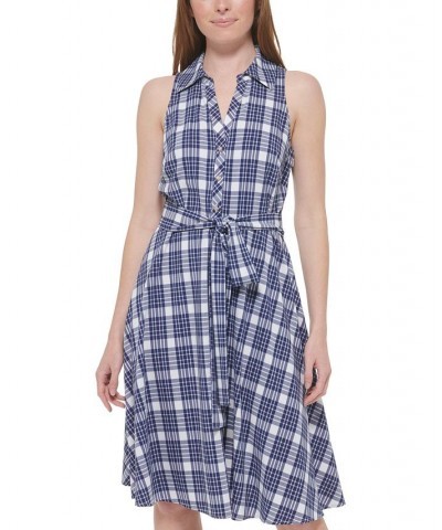 Women's Textured Plaid-Print Shirt Dress Marina Blue.ivory $33.97 Dresses