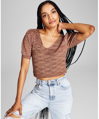 Women's Space-Dye Puff-Sleeve Knit Top Brown $11.27 Tops