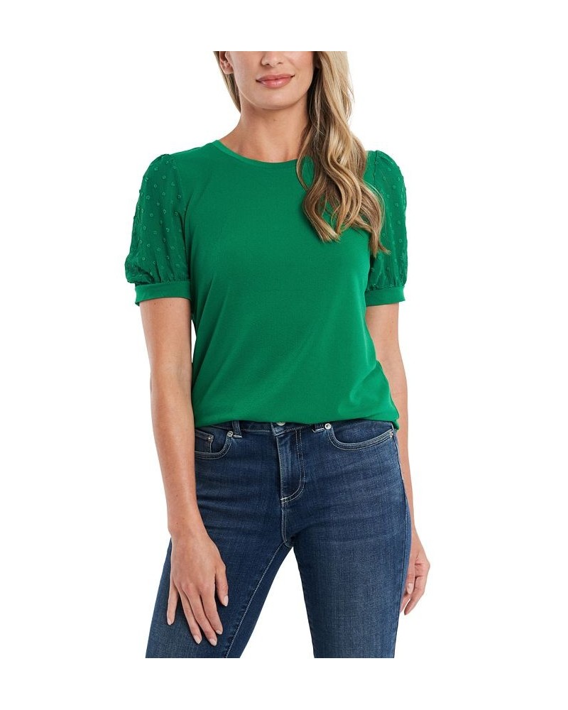 Women's Short Puff-Sleeve Mixed Media Knit Top Lush Green $16.26 Tops