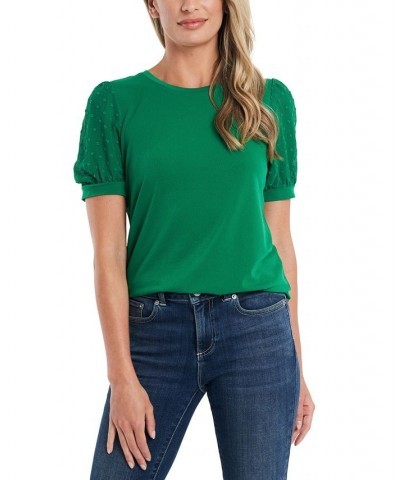 Women's Short Puff-Sleeve Mixed Media Knit Top Lush Green $16.26 Tops