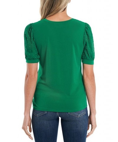 Women's Short Puff-Sleeve Mixed Media Knit Top Lush Green $16.26 Tops