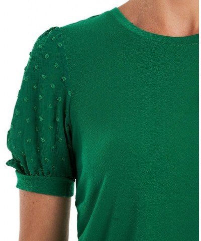 Women's Short Puff-Sleeve Mixed Media Knit Top Lush Green $16.26 Tops