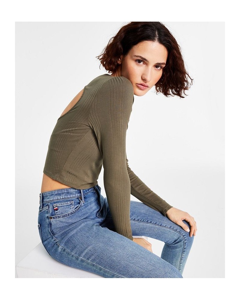 Women's Back-Cutout Ribbed Long-Sleeve Top Brown $18.91 Tops