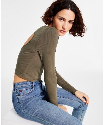 Women's Back-Cutout Ribbed Long-Sleeve Top Brown $18.91 Tops