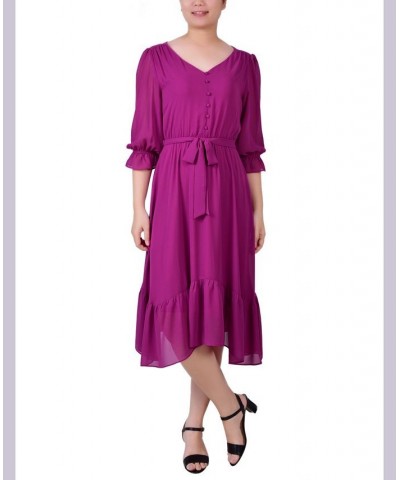 Petite 3/4 Sleeve V-neck Flounced Dress Pink $15.60 Dresses