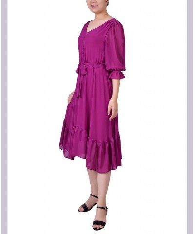 Petite 3/4 Sleeve V-neck Flounced Dress Pink $15.60 Dresses