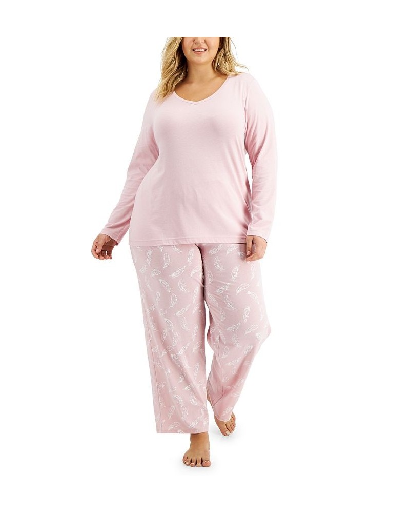 Plus Size Long-Sleeve Top & Printed Pants Cotton Pajama Set Feathers $15.79 Sleepwear