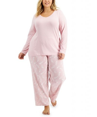 Plus Size Long-Sleeve Top & Printed Pants Cotton Pajama Set Feathers $15.79 Sleepwear