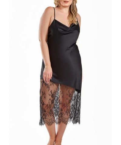 Jeanie Plus Size Satin Gown with Front Drape and Floral Eyelash Lace Contrast Black $45.84 Sleepwear