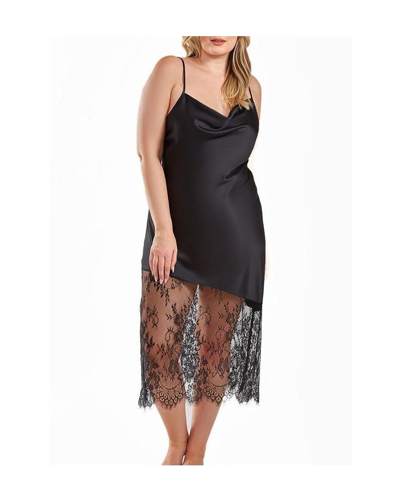 Jeanie Plus Size Satin Gown with Front Drape and Floral Eyelash Lace Contrast Black $45.84 Sleepwear