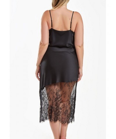 Jeanie Plus Size Satin Gown with Front Drape and Floral Eyelash Lace Contrast Black $45.84 Sleepwear