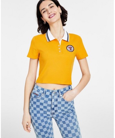 Women's Logo Patch Cropped Polo Shirt Yellow $19.32 Tops