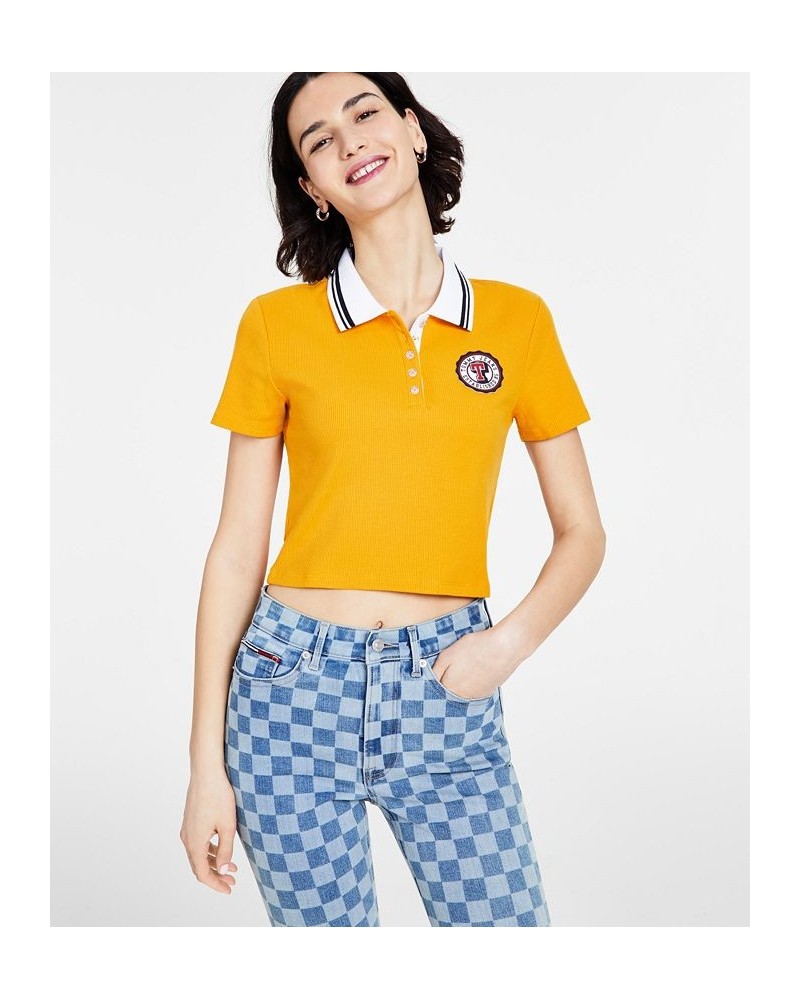 Women's Logo Patch Cropped Polo Shirt Yellow $19.32 Tops