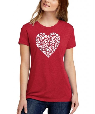 Women's Premium Blend Word Art Paw Prints Heart T-Shirt Red $17.60 Tops